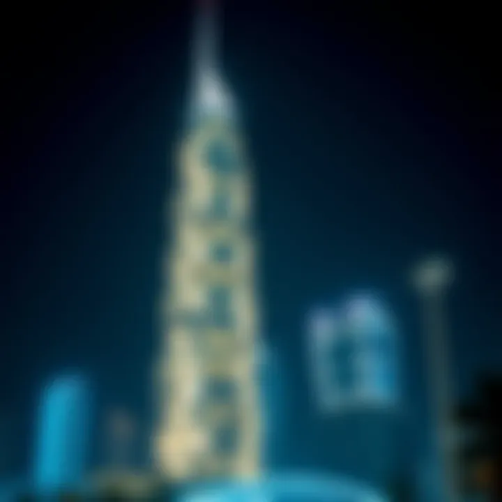 Night view of Addax Tower illuminated against the Dubai skyline