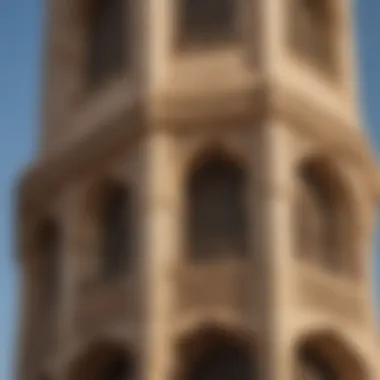 Close-up of the unique architectural details of Al Kawthar Tower