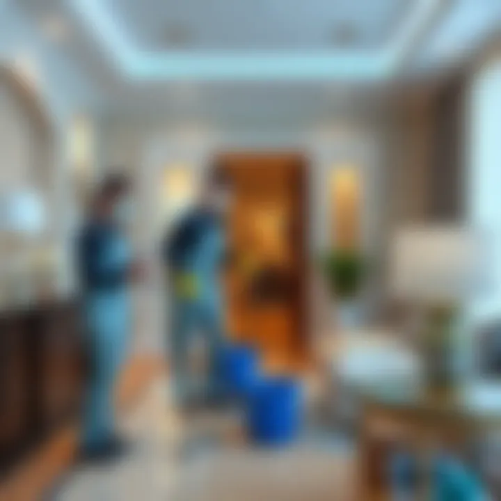 Professional cleaning team diligently working in a villa