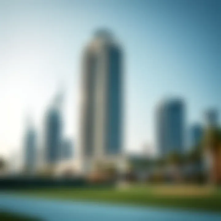 Cricket Tower's Architectural Excellence Stunning exterior view of Cricket Tower against Dubai skyline