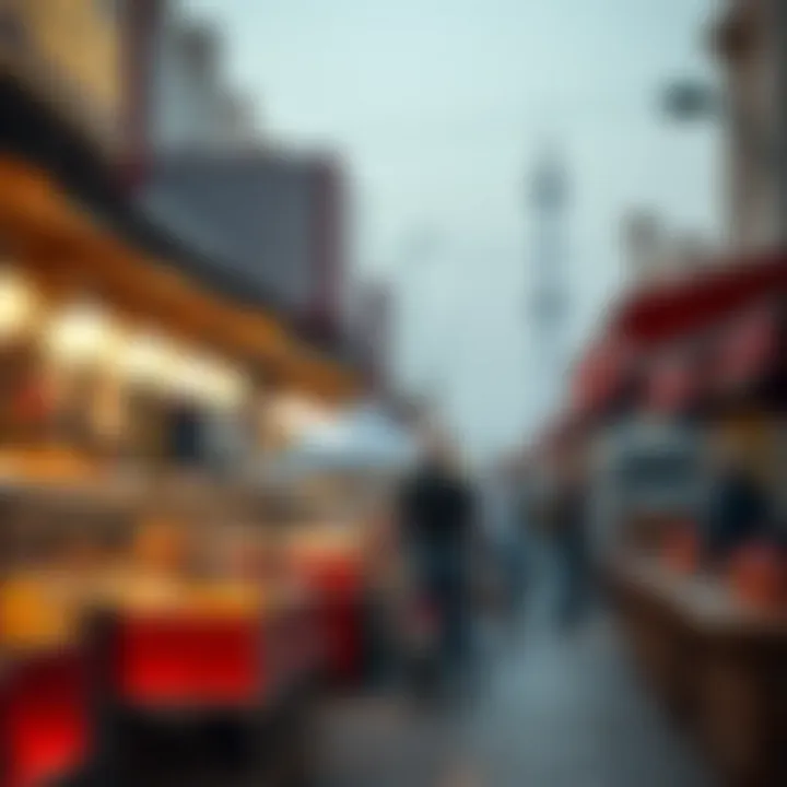 A vibrant marketplace bustling with food stalls offering diverse culinary delights