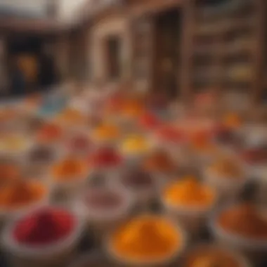 A Colorful Display of Spices and Textiles in an Arabian Souk Vibrant marketplace showcasing spices and textiles