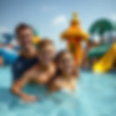 Family enjoying a day at Atlantis Waterpark with various attractions in the background