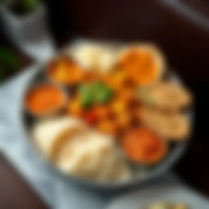 A colorful platter of traditional Indian dishes served at a restaurant