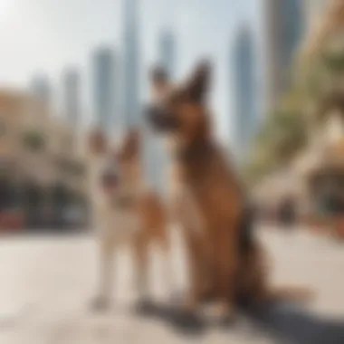 Dogs enjoying a day out in a vibrant urban setting in Dubai