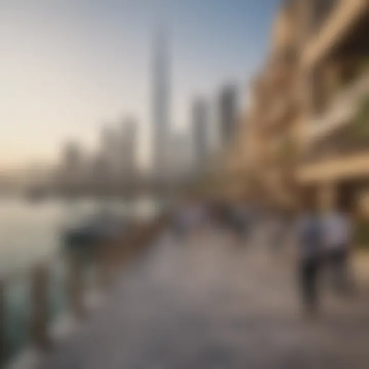 A vibrant scene at Dubai Harbor featuring tourists and residents enjoying the waterfront promenade.