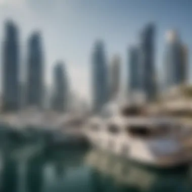 Luxurious yachts docked at Dubai Harbor's marina, highlighting the upscale lifestyle and leisure opportunities.