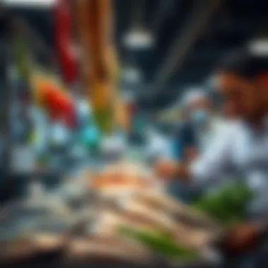 Vibrant market scene with fresh fish and seafood ingredients