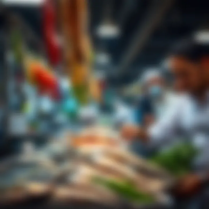 Vibrant market scene with fresh fish and seafood ingredients