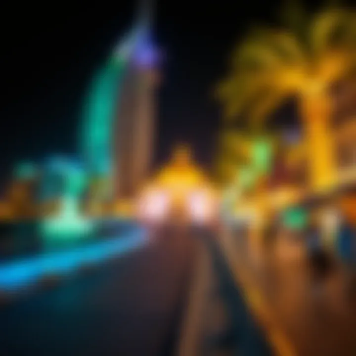 Vibrant nightlife scene at Palm Jumeirah with illuminated attractions.