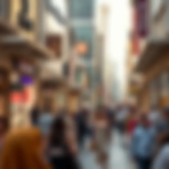 A bustling retail street in Dubai during peak shopping hours, with a diverse crowd