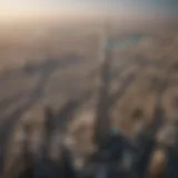 Aerial view of Burj Khalifa showcasing its towering height against the Dubai skyline.