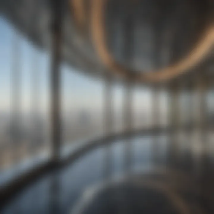 Interior design of the observation deck with panoramic views over Dubai.