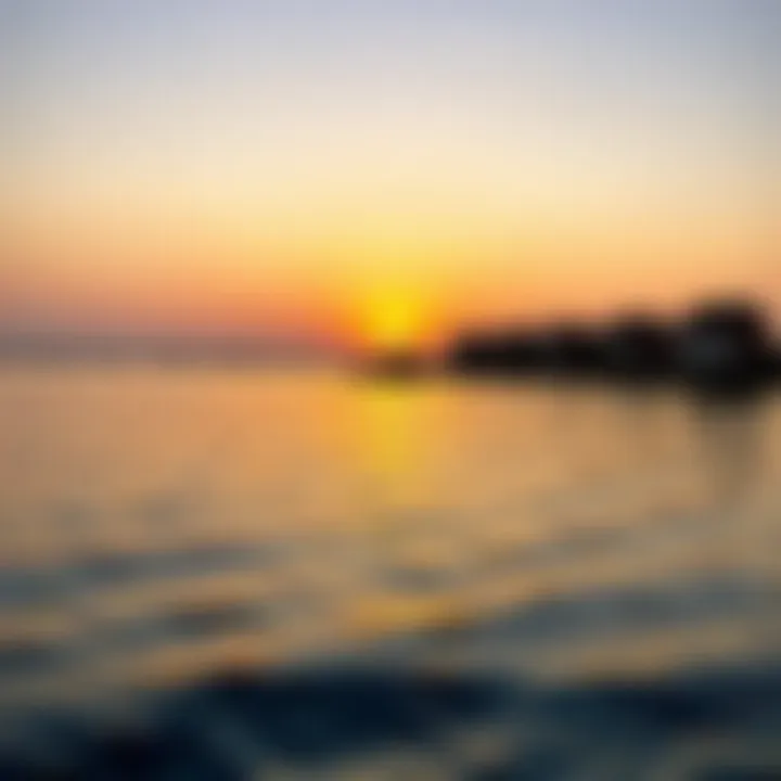 Coastal Serenity at Sunset in Umm Al Quwain A panoramic view of Umm Al Quwain's coastline at sunset, showcasing the vibrant colors reflecting on the water.