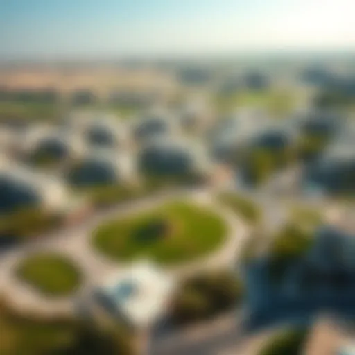 Aerial view of Jebel Ali Discovery Gardens showcasing residential buildings and green spaces