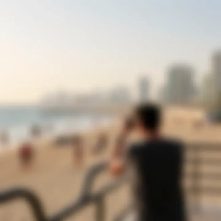A panoramic shot capturing the bustling activities at Marina Beach, including beachgoers and water sports.