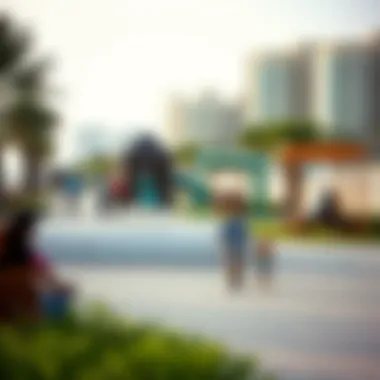 Families enjoying leisure time at Marina Beach, with playgrounds and picnic areas visible.