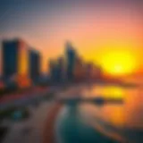 A scenic view of Marina Beach at sunset, showcasing the vibrant skyline of Dubai.