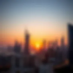 A panoramic view of Dubai's skyline at sunset