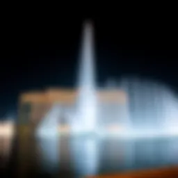 A breathtaking view of the Dubai Fountains illuminated at night