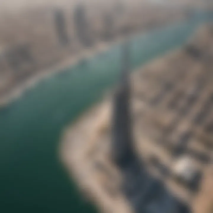 Aerial view of the Dubai Creek Tower construction site showcasing its evolving structure.