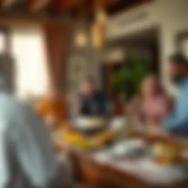 A family gathering around a lavish table filled with traditional dishes