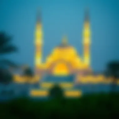 A scenic view of a mosque illuminated with festive lights during Ramadan