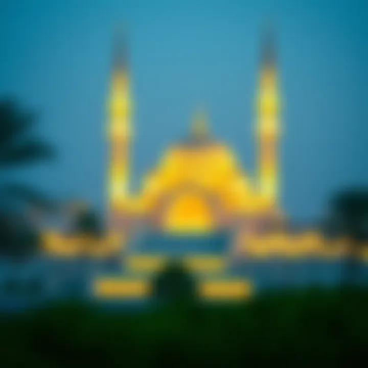 A scenic view of a mosque illuminated with festive lights during Ramadan