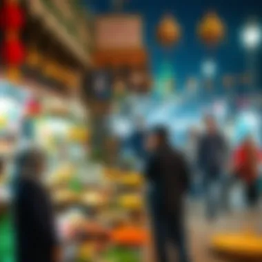 A vibrant market scene during Ramadan showcasing local crafts and foods