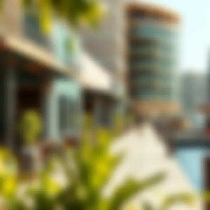 A vibrant waterfront lifestyle scene featuring local cafes and shops