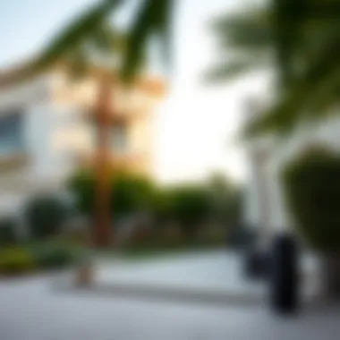 Outdoor view of a three-bedroom villa in Al Qusais with lush landscaping