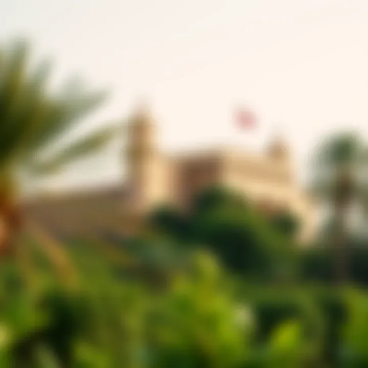 Historical Fort Surrounded by Nature An ancient fort in Umm Al Quwain surrounded by lush greenery, symbolizing the emirate's rich history.