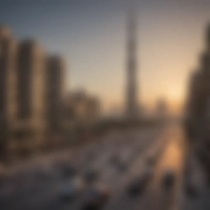 A bustling street in Dubai with a clock tower, symbolizing the intersection of daily life and prayer times.