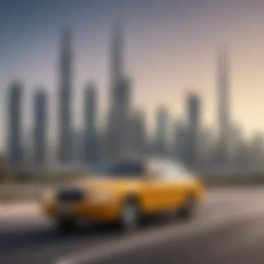 Dubai taxi with skyline backdrop