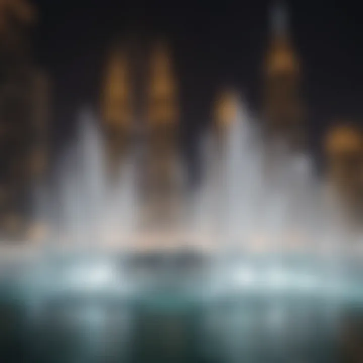 Close-up of water jets synchronizing with lights at Dubai Fountain